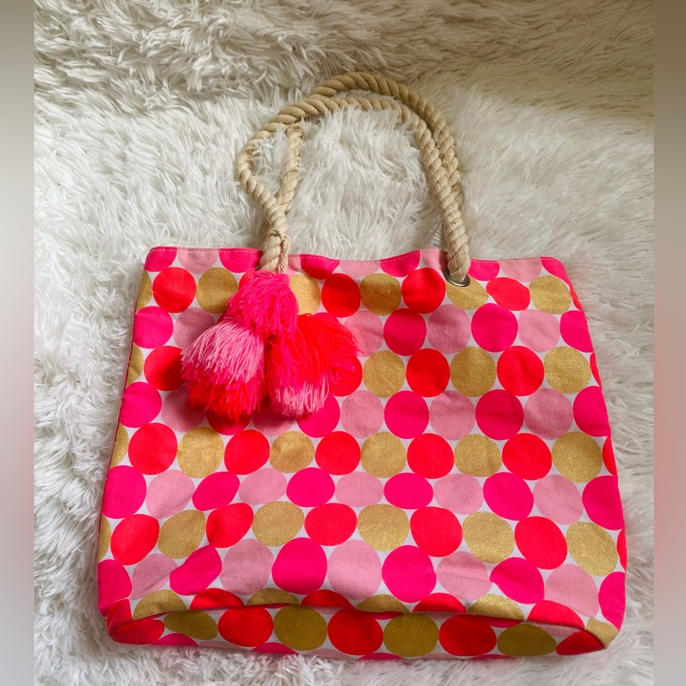 Girls Tote Bag | Summer Pool Beach Bag Book Bag Rope handle polkadots & tassel
